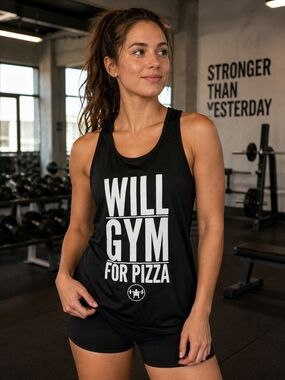 Women's Black Tank Top - 'Will Gym for Pizza' Mediun